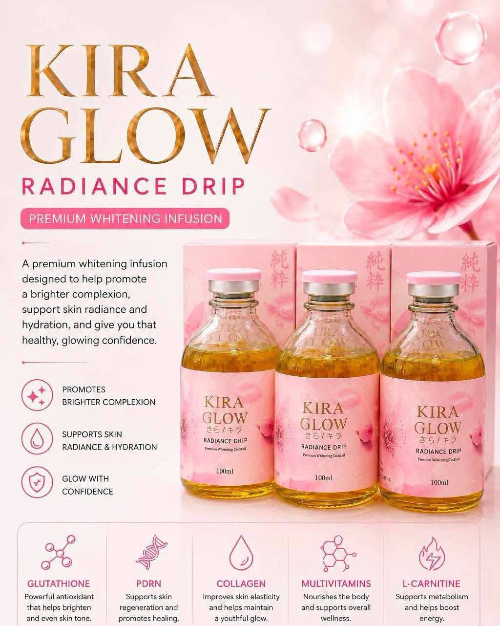 Kira Glow Radiance Drip product boxes and 100ml bottles