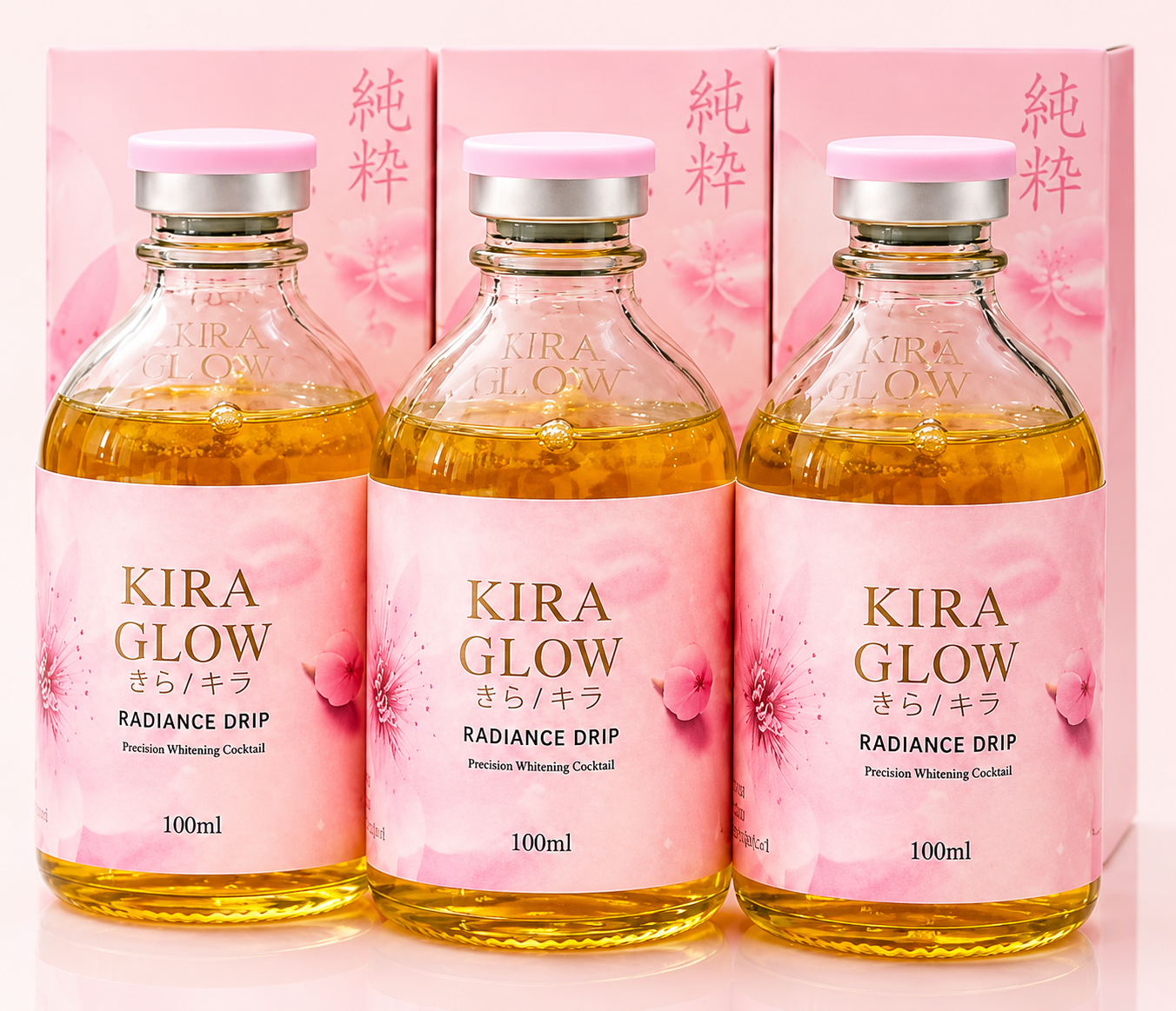 Kira Glow Radiance Drip 100ml vials with cherry blossoms