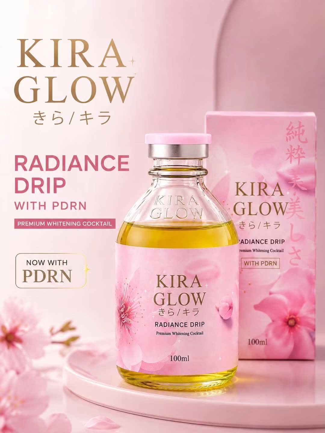 Kira Glow Radiance Drip product boxes and 100ml bottles